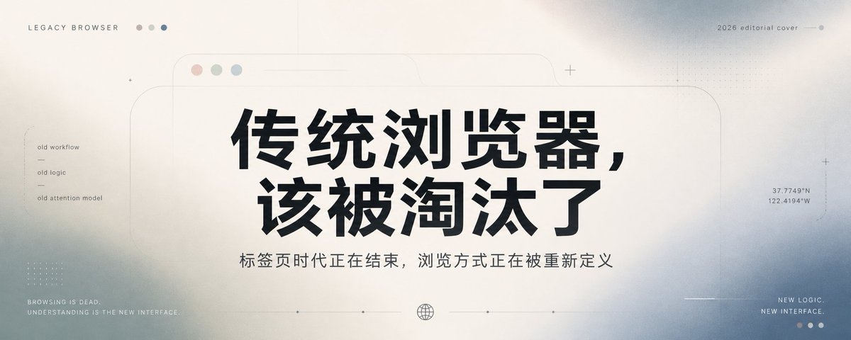请根据用户最后输入的任何推荐对象,生成一张高质感推荐卡片或海报。对象可以是 App、软件、网站、GitHub 项目、一本书、一篇文章、一句话、一段文案、一道人物观点、一套菜、一份食谱、一个品牌、一个工具、一个方法,或任何值得介绍给别人的东西。 你要做的不是把用户给的信息简单排版,而是先理解它为什么值得被看见。若它属于现实存在的对象,请主动联网调查它的背景、来源、真实特点、核心价值、口碑、适用人群与边界;若它是用户提供的原创内容、观点或文案,请进行理解、提炼、重组与升华,让它变得更有营养、更有判断力、更适合被传播。 整体以苹果式克制、顶级海报设计判断力、高桥流凝练表达完成。不要罗列资料,不要写成说明书,不要堆满小字。重点是把复杂信息转化为一个清晰、有力、耐看的推荐理由,让普通人在手机上 3 秒内看懂:这是什么,为什么值得关注,适合谁,它真正打动人的地方在哪里。 画面必须优先保证手机端可读性。信息要少而准,文字要大而清楚,层级要干净,留白要有呼吸感。最终内容应自然收束为一个强主标题、一句点明价值的副标题、少量核心看点,以及若隐若现的证据、场景、评价或情绪余韵。不要把结构写死,也不要套模板。版式、图形、颜色、节奏、文字出现方式,都应从推荐对象本身的气质中自然生长。 如果对象有图标、封面、截图、菜品形态、项目视觉、品牌色或文本气质,请提取它的视觉 DNA 并延展成统一画面。若用户提供推荐语或评价,请吸收其中真实的判断与语气,不要生硬引用,而要让它成为画面里可信、温暖、有分量的一部分。 最终生成的卡片应高级、清晰、抓人、可信,有一种被认真筛选、认真理解、认真推荐过的感觉。它不是信息搬运,而是一次有审美、有判断、有升华的内容再创作。 本次推荐: 一个自媒体封面文字:传统浏览器,该被淘汰类 风格:科技美学+居中排版+小字点缀+极简+有设计感的黑体+巧妙渐变色+莫兰迪配色 比例5:2