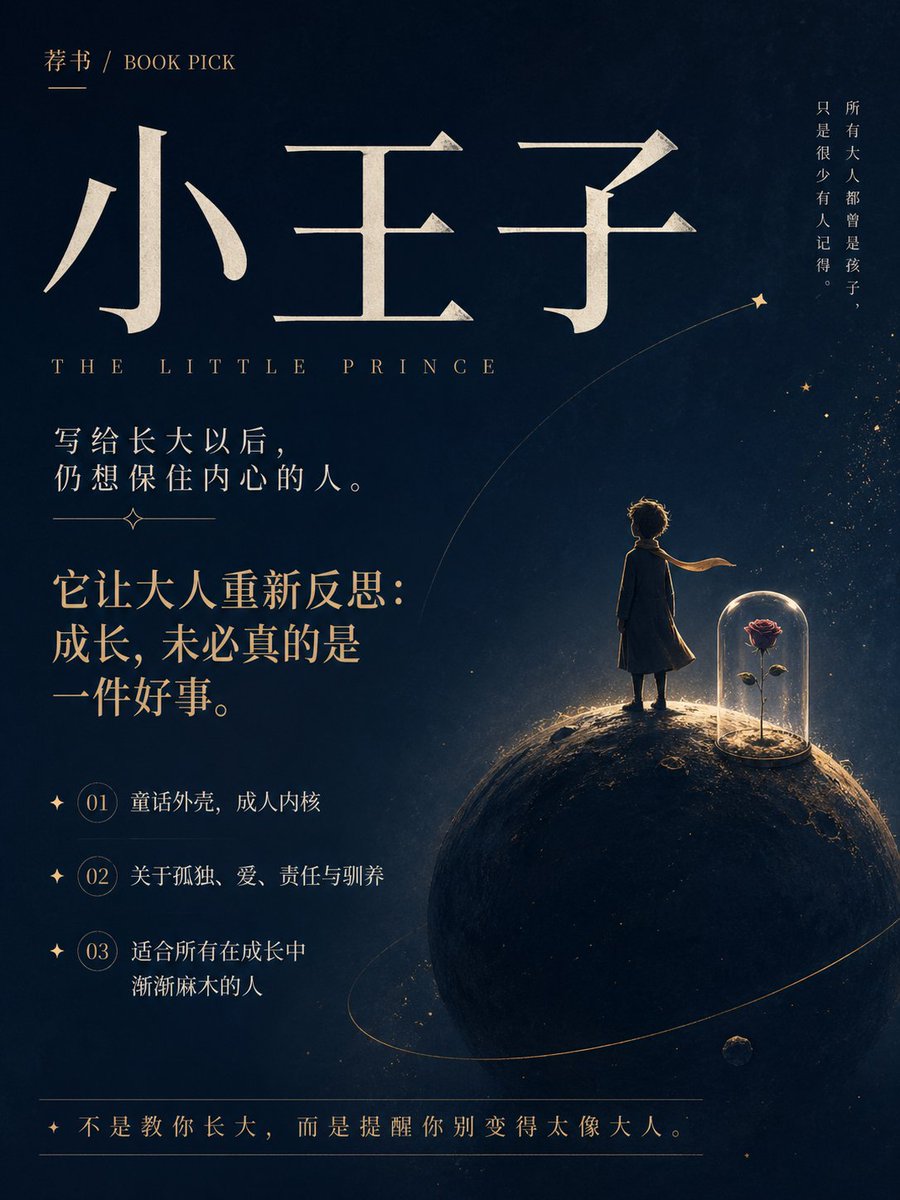 请根据用户最后输入的 App 名称、链接、推荐语、评价或参考图片,生成一张高质感 App 推荐海报。先主动理解这款产品真正值得被推荐的地方,再联网查询它的图标、官网气质、核心能力、真实口碑与适用边界,但不要机械搬运资料,而要提炼成少量真正有价值的信息。若用户提供推荐语或评价,请吸收其语气与判断,把它们自然融入文案与版面,成为可信又有温度的表达。 海报应以苹果式克制、顶级海报设计的判断力与高桥流的凝练表达来完成。重点不是罗列功能,而是让人一眼明白:这是什么,它解决什么问题,为什么值得下载。画面必须优先服务手机阅读,信息不能过载,文字不能拥挤,字体要清楚,层级要分明,留白要有呼吸感。整体内容应被压缩成一个强主标题、一句点明价值的副标题、少量核心卖点,以及若隐若现的口碑证据或使用场景。不要做成说明书,不要满屏小字,不要套模板,不要把结构写死。版式、节奏、图形关系、信息出现方式,都应根据 App 本身的气质自然生长。让图标、界面语言、品牌色与产品性格共同形成统一视觉。最终海报应高级、清晰、抓人、可信,让人看完立刻产生尝试或推荐给别人的冲动。 —— 我的推荐:书籍《小王子》 推荐理由: 让大人反思,成长未必是件好事 比例3:4
