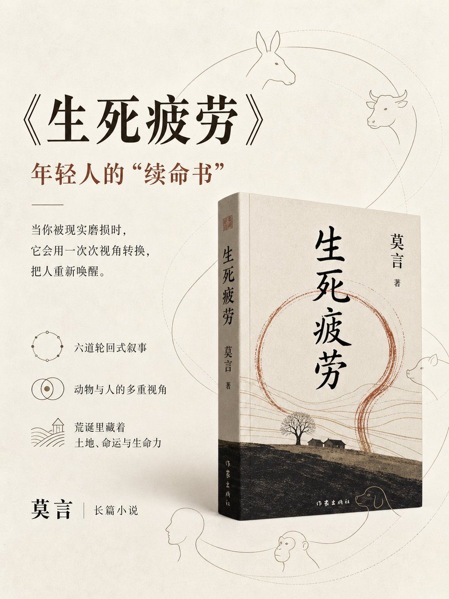 请根据用户最后输入的任何推荐对象,生成一张高质感推荐卡片或海报。对象可以是 App、软件、网站、GitHub 项目、一本书、一篇文章、一句话、一段文案、一道人物观点、一套菜、一份食谱、一个品牌、一个工具、一个方法,或任何值得介绍给别人的东西。 你要做的不是把用户给的信息简单排版,而是先理解它为什么值得被看见。若它属于现实存在的对象,请主动联网调查它的背景、来源、真实特点、核心价值、口碑、适用人群与边界;若它是用户提供的原创内容、观点或文案,请进行理解、提炼、重组与升华,让它变得更有营养、更有判断力、更适合被传播。 整体以苹果式克制、顶级海报设计判断力、高桥流凝练表达完成。不要罗列资料,不要写成说明书,不要堆满小字。重点是把复杂信息转化为一个清晰、有力、耐看的推荐理由,让普通人在手机上 3 秒内看懂:这是什么,为什么值得关注,适合谁,它真正打动人的地方在哪里。 画面必须优先保证手机端可读性。信息要少而准,文字要大而清楚,层级要干净,留白要有呼吸感。最终内容应自然收束为一个强主标题、一句点明价值的副标题、少量核心看点,以及若隐若现的证据、场景、评价或情绪余韵。不要把结构写死,也不要套模板。版式、图形、颜色、节奏、文字出现方式,都应从推荐对象本身的气质中自然生长。 如果对象有图标、封面、截图、菜品形态、项目视觉、品牌色或文本气质,请提取它的视觉 DNA 并延展成统一画面。若用户提供推荐语或评价,请吸收其中真实的判断与语气,不要生硬引用,而要让它成为画面里可信、温暖、有分量的一部分。 最终生成的卡片应高级、清晰、抓人、可信,有一种被认真筛选、认真理解、认真推荐过的感觉。它不是信息搬运,而是一次有审美、有判断、有升华的内容再创作。 本次推荐: 推荐一本书: 《生死疲劳》 比例3:4 记得要出现这本的样子 我的推荐理由:年轻人的“续命书”与视角转换 背景极简+线性美学元素