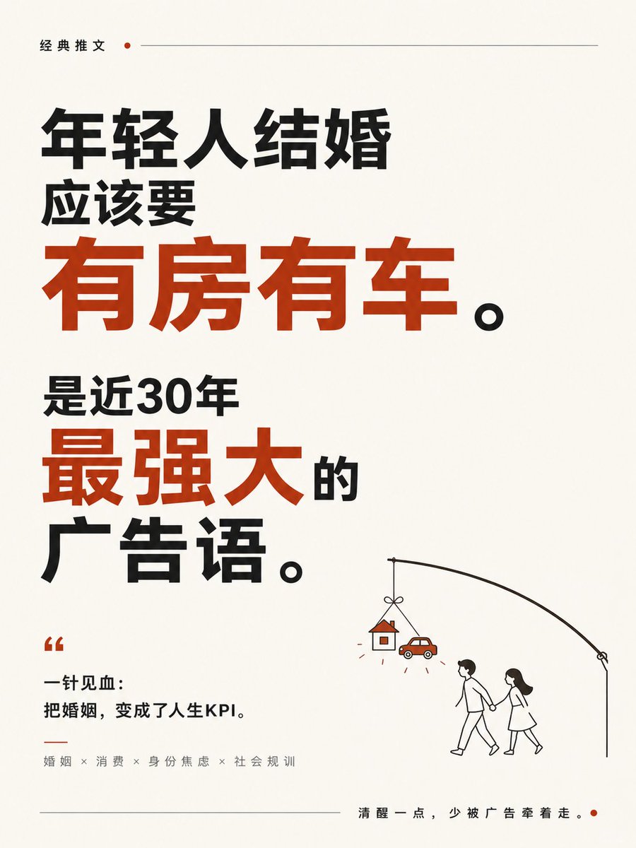 请根据用户最后输入的任何推荐对象,生成一张高质感推荐卡片或海报。对象可以是 App、软件、网站、GitHub 项目、一本书、一篇文章、一句话、一段文案、一道人物观点、一套菜、一份食谱、一个品牌、一个工具、一个方法,或任何值得介绍给别人的东西。 你要做的不是把用户给的信息简单排版,而是先理解它为什么值得被看见。若它属于现实存在的对象,请主动联网调查它的背景、来源、真实特点、核心价值、口碑、适用人群与边界;若它是用户提供的原创内容、观点或文案,请进行理解、提炼、重组与升华,让它变得更有营养、更有判断力、更适合被传播。 整体以苹果式克制、顶级海报设计判断力、高桥流凝练表达完成。不要罗列资料,不要写成说明书,不要堆满小字。重点是把复杂信息转化为一个清晰、有力、耐看的推荐理由,让普通人在手机上 3 秒内看懂:这是什么,为什么值得关注,适合谁,它真正打动人的地方在哪里。 画面必须优先保证手机端可读性。信息要少而准,文字要大而清楚,层级要干净,留白要有呼吸感。最终内容应自然收束为一个强主标题、一句点明价值的副标题、少量核心看点,以及若隐若现的证据、场景、评价或情绪余韵。不要把结构写死,也不要套模板。版式、图形、颜色、节奏、文字出现方式,都应从推荐对象本身的气质中自然生长。 如果对象有图标、封面、截图、菜品形态、项目视觉、品牌色或文本气质,请提取它的视觉 DNA 并延展成统一画面。若用户提供推荐语或评价,请吸收其中真实的判断与语气,不要生硬引用,而要让它成为画面里可信、温暖、有分量的一部分。 最终生成的卡片应高级、清晰、抓人、可信,有一种被认真筛选、认真理解、认真推荐过的感觉。它不是信息搬运,而是一次有审美、有判断、有升华的内容再创作。 本次推荐: 一个经典推文: ``` 年轻人结婚应该要有房有车。 是近30年最强大的广告语。 ``` 比例3:4 文字突出, 然后插画配图极简且有趣