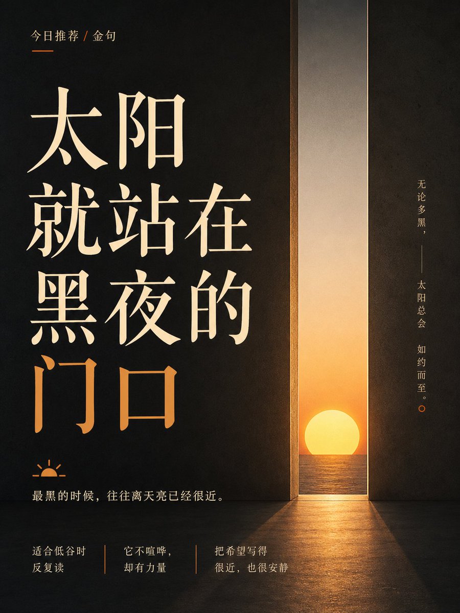 请根据用户最后输入的任何推荐对象,生成一张高质感推荐卡片或海报。对象可以是 App、软件、网站、GitHub 项目、一本书、一篇文章、一句话、一段文案、一道人物观点、一套菜、一份食谱、一个品牌、一个工具、一个方法,或任何值得介绍给别人的东西。 你要做的不是把用户给的信息简单排版,而是先理解它为什么值得被看见。若它属于现实存在的对象,请主动联网调查它的背景、来源、真实特点、核心价值、口碑、适用人群与边界;若它是用户提供的原创内容、观点或文案,请进行理解、提炼、重组与升华,让它变得更有营养、更有判断力、更适合被传播。 整体以苹果式克制、顶级海报设计判断力、高桥流凝练表达完成。不要罗列资料,不要写成说明书,不要堆满小字。重点是把复杂信息转化为一个清晰、有力、耐看的推荐理由,让普通人在手机上 3 秒内看懂:这是什么,为什么值得关注,适合谁,它真正打动人的地方在哪里。 画面必须优先保证手机端可读性。信息要少而准,文字要大而清楚,层级要干净,留白要有呼吸感。最终内容应自然收束为一个强主标题、一句点明价值的副标题、少量核心看点,以及若隐若现的证据、场景、评价或情绪余韵。不要把结构写死,也不要套模板。版式、图形、颜色、节奏、文字出现方式,都应从推荐对象本身的气质中自然生长。 如果对象有图标、封面、截图、菜品形态、项目视觉、品牌色或文本气质,请提取它的视觉 DNA 并延展成统一画面。若用户提供推荐语或评价,请吸收其中真实的判断与语气,不要生硬引用,而要让它成为画面里可信、温暖、有分量的一部分。 最终生成的卡片应高级、清晰、抓人、可信,有一种被认真筛选、认真理解、认真推荐过的感觉。它不是信息搬运,而是一次有审美、有判断、有升华的内容再创作。 本次推荐: 一个金句:太阳就站在黑夜的门口 比例3:4