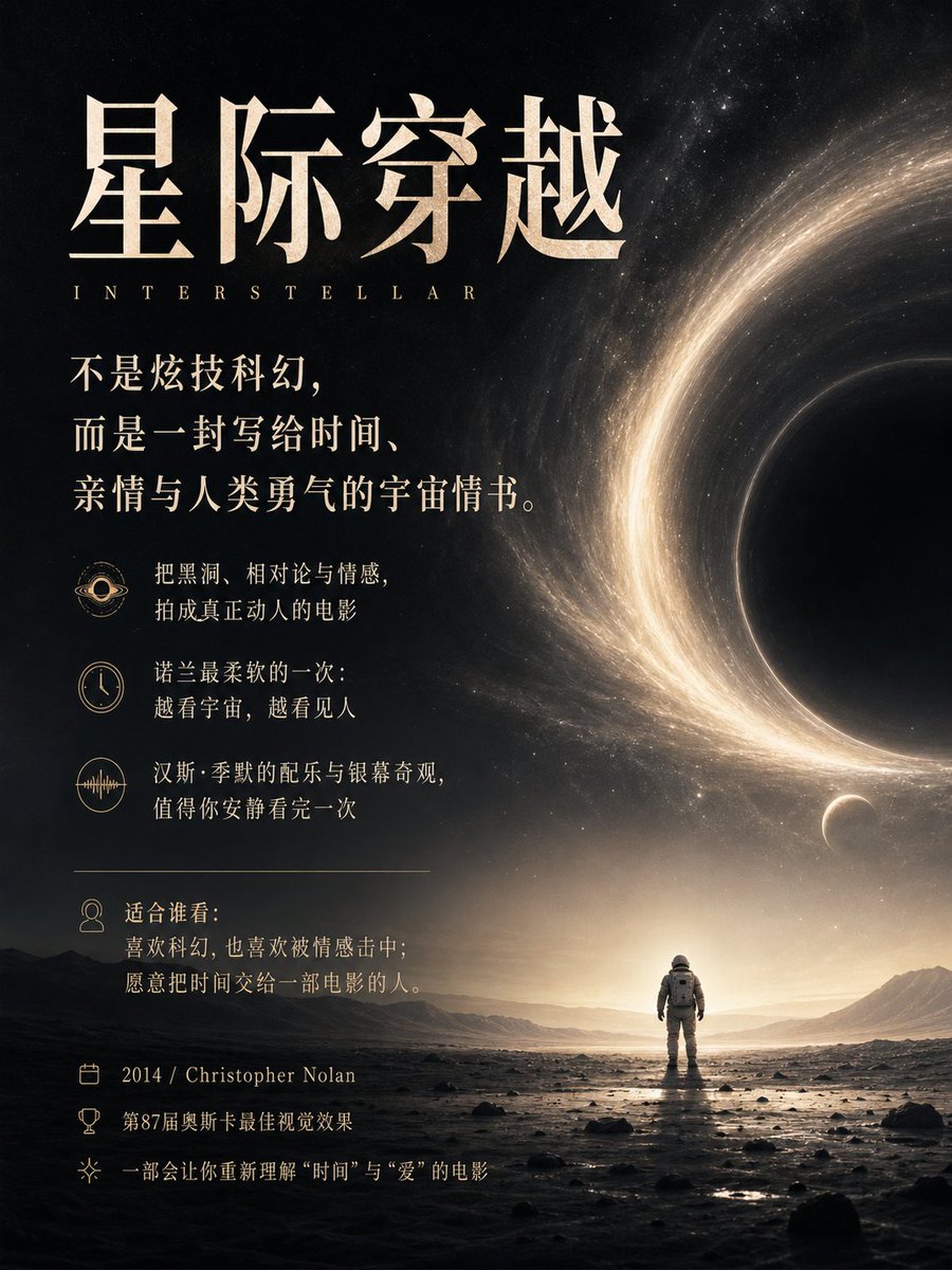 请根据用户最后输入的任何推荐对象,生成一张高质感推荐卡片或海报。对象可以是 App、软件、网站、GitHub 项目、一本书、一篇文章、一句话、一段文案、一道人物观点、一套菜、一份食谱、一个品牌、一个工具、一个方法,或任何值得介绍给别人的东西。 你要做的不是把用户给的信息简单排版,而是先理解它为什么值得被看见。若它属于现实存在的对象,请主动联网调查它的背景、来源、真实特点、核心价值、口碑、适用人群与边界;若它是用户提供的原创内容、观点或文案,请进行理解、提炼、重组与升华,让它变得更有营养、更有判断力、更适合被传播。 整体以苹果式克制、顶级海报设计判断力、高桥流凝练表达完成。不要罗列资料,不要写成说明书,不要堆满小字。重点是把复杂信息转化为一个清晰、有力、耐看的推荐理由,让普通人在手机上 3 秒内看懂:这是什么,为什么值得关注,适合谁,它真正打动人的地方在哪里。 画面必须优先保证手机端可读性。信息要少而准,文字要大而清楚,层级要干净,留白要有呼吸感。最终内容应自然收束为一个强主标题、一句点明价值的副标题、少量核心看点,以及若隐若现的证据、场景、评价或情绪余韵。不要把结构写死,也不要套模板。版式、图形、颜色、节奏、文字出现方式,都应从推荐对象本身的气质中自然生长。 如果对象有图标、封面、截图、菜品形态、项目视觉、品牌色或文本气质,请提取它的视觉 DNA 并延展成统一画面。若用户提供推荐语或评价,请吸收其中真实的判断与语气,不要生硬引用,而要让它成为画面里可信、温暖、有分量的一部分。 最终生成的卡片应高级、清晰、抓人、可信,有一种被认真筛选、认真理解、认真推荐过的感觉。它不是信息搬运,而是一次有审美、有判断、有升华的内容再创作。 本次推荐: 一部电影:《星际穿越》 比例3:4