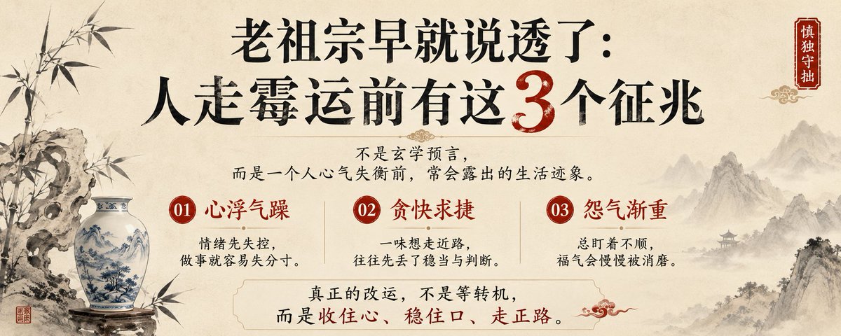 请根据用户最后输入的任何推荐对象,生成一张高质感推荐卡片或海报。对象可以是 App、软件、网站、GitHub 项目、一本书、一篇文章、一句话、一段文案、一道人物观点、一套菜、一份食谱、一个品牌、一个工具、一个方法,或任何值得介绍给别人的东西。
你要做的不是把用户给的信息简单排版,而是先理解它为什么值得被看见。若它属于现实存在的对象,请主动联网调查它的背景、来源、真实特点、核心价值、口碑、适用人群与边界;若它是用户提供的原创内容、观点或文案,请进行理解、提炼、重组与升华,让它变得更有营养、更有判断力、更适合被传播。
整体以苹果式克制、顶级海报设计判断力、高桥流凝练表达完成。不要罗列资料,不要写成说明书,不要堆满小字。重点是把复杂信息转化为一个清晰、有力、耐看的推荐理由,让普通人在手机上 3 秒内看懂:这是什么,为什么值得关注,适合谁,它真正打动人的地方在哪里。
画面必须优先保证手机端可读性。信息要少而准,文字要大而清楚,层级要干净,留白要有呼吸感。最终内容应自然收束为一个强主标题、一句点明价值的副标题、少量核心看点,以及若隐若现的证据、场景、评价或情绪余韵。不要把结构写死,也不要套模板。版式、图形、颜色、节奏、文字出现方式,都应从推荐对象本身的气质中自然生长。
如果对象有图标、封面、截图、菜品形态、项目视觉、品牌色或文本气质,请提取它的视觉 DNA 并延展成统一画面。若用户提供推荐语或评价,请吸收其中真实的判断与语气,不要生硬引用,而要让它成为画面里可信、温暖、有分量的一部分。
最终生成的卡片应高级、清晰、抓人、可信,有一种被认真筛选、认真理解、认真推荐过的感觉。它不是信息搬运,而是一次有审美、有判断、有升华的内容再创作。
比例5:2
新中式文化美学+东方留白+居中全宽竖向排版+印章式小字点缀+雅致极简+宋体书卷感字体+山水器物插画+融入古典意境+朱砂红强调色+适合国风文化类文字艺术化表达
标题:老祖宗早就说透了:人走霉运前有这3个征兆
