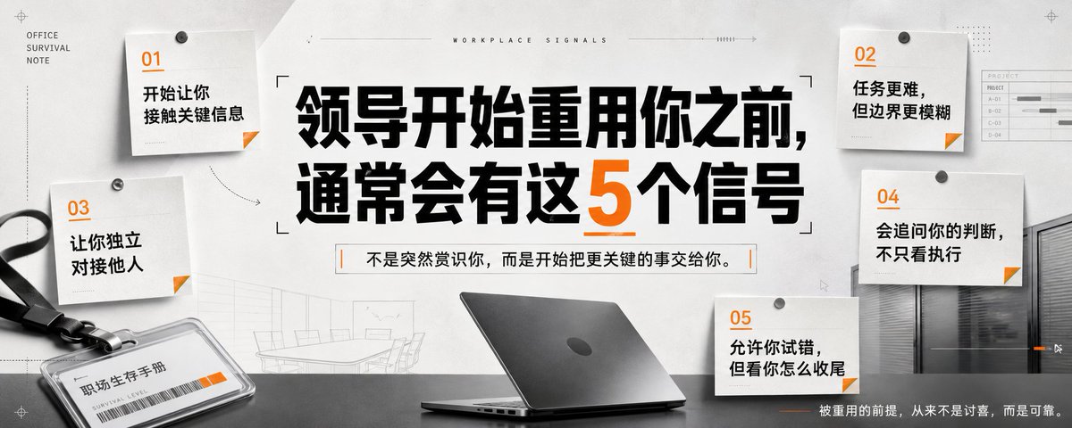 请根据用户最后输入的任何推荐对象,生成一张高质感推荐卡片或海报。对象可以是 App、软件、网站、GitHub 项目、一本书、一篇文章、一句话、一段文案、一道人物观点、一套菜、一份食谱、一个品牌、一个工具、一个方法,或任何值得介绍给别人的东西。
你要做的不是把用户给的信息简单排版,而是先理解它为什么值得被看见。若它属于现实存在的对象,请主动联网调查它的背景、来源、真实特点、核心价值、口碑、适用人群与边界;若它是用户提供的原创内容、观点或文案,请进行理解、提炼、重组与升华,让它变得更有营养、更有判断力、更适合被传播。
整体以苹果式克制、顶级海报设计判断力、高桥流凝练表达完成。不要罗列资料,不要写成说明书,不要堆满小字。重点是把复杂信息转化为一个清晰、有力、耐看的推荐理由,让普通人在手机上 3 秒内看懂:这是什么,为什么值得关注,适合谁,它真正打动人的地方在哪里。
画面必须优先保证手机端可读性。信息要少而准,文字要大而清楚,层级要干净,留白要有呼吸感。最终内容应自然收束为一个强主标题、一句点明价值的副标题、少量核心看点,以及若隐若现的证据、场景、评价或情绪余韵。不要把结构写死,也不要套模板。版式、图形、颜色、节奏、文字出现方式,都应从推荐对象本身的气质中自然生长。
如果对象有图标、封面、截图、菜品形态、项目视觉、品牌色或文本气质,请提取它的视觉 DNA 并延展成统一画面。若用户提供推荐语或评价,请吸收其中真实的判断与语气,不要生硬引用,而要让它成为画面里可信、温暖、有分量的一部分。
最终生成的卡片应高级、清晰、抓人、可信,有一种被认真筛选、认真理解、认真推荐过的感觉。它不是信息搬运,而是一次有审美、有判断、有升华的内容再创作。
比例5:2
职场生存手册美学+冷峻办公室风+居中强冲击标题+便签式小字点缀+理性极简+硬朗无衬线字体+工牌电脑插画+融入职场隐喻+橙色强调色+适合职场认知类文字艺术化排版
标题:领导开始重用你之前,通常会有这5个信号