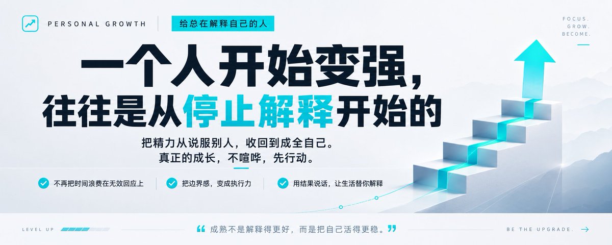 请根据用户最后输入的任何推荐对象,生成一张高质感推荐卡片或海报。对象可以是 App、软件、网站、GitHub 项目、一本书、一篇文章、一句话、一段文案、一道人物观点、一套菜、一份食谱、一个品牌、一个工具、一个方法,或任何值得介绍给别人的东西。
你要做的不是把用户给的信息简单排版,而是先理解它为什么值得被看见。若它属于现实存在的对象,请主动联网调查它的背景、来源、真实特点、核心价值、口碑、适用人群与边界;若它是用户提供的原创内容、观点或文案,请进行理解、提炼、重组与升华,让它变得更有营养、更有判断力、更适合被传播。
整体以苹果式克制、顶级海报设计判断力、高桥流凝练表达完成。不要罗列资料,不要写成说明书,不要堆满小字。重点是把复杂信息转化为一个清晰、有力、耐看的推荐理由,让普通人在手机上 3 秒内看懂:这是什么,为什么值得关注,适合谁,它真正打动人的地方在哪里。
画面必须优先保证手机端可读性。信息要少而准,文字要大而清楚,层级要干净,留白要有呼吸感。最终内容应自然收束为一个强主标题、一句点明价值的副标题、少量核心看点,以及若隐若现的证据、场景、评价或情绪余韵。不要把结构写死,也不要套模板。版式、图形、颜色、节奏、文字出现方式,都应从推荐对象本身的气质中自然生长。
如果对象有图标、封面、截图、菜品形态、项目视觉、品牌色或文本气质,请提取它的视觉 DNA 并延展成统一画面。若用户提供推荐语或评价,请吸收其中真实的判断与语气,不要生硬引用,而要让它成为画面里可信、温暖、有分量的一部分。
最终生成的卡片应高级、清晰、抓人、可信,有一种被认真筛选、认真理解、认真推荐过的感觉。它不是信息搬运,而是一次有审美、有判断、有升华的内容再创作。
比例5:2
个人成长训练营美学+目标管理风+居中口号式标题+清单式小字点缀+干练极简+积极向上字体+阶梯箭头插画+融入蜕变叙事+亮青色强调色+适合自我提升类文字艺术化排版
标题:一个人开始变强,往往是从停止解释开始的