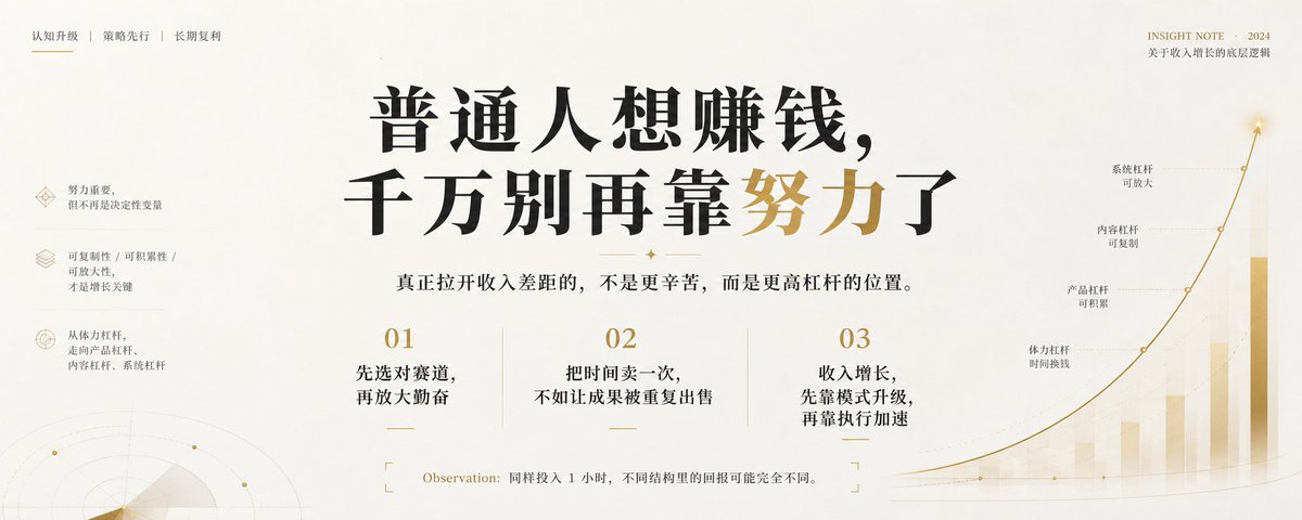 请根据用户最后输入的任何推荐对象,生成一张高质感推荐卡片或海报。对象可以是 App、软件、网站、GitHub 项目、一本书、一篇文章、一句话、一段文案、一道人物观点、一套菜、一份食谱、一个品牌、一个工具、一个方法,或任何值得介绍给别人的东西。
你要做的不是把用户给的信息简单排版,而是先理解它为什么值得被看见。若它属于现实存在的对象,请主动联网调查它的背景、来源、真实特点、核心价值、口碑、适用人群与边界;若它是用户提供的原创内容、观点或文案,请进行理解、提炼、重组与升华,让它变得更有营养、更有判断力、更适合被传播。
整体以苹果式克制、顶级海报设计判断力、高桥流凝练表达完成。不要罗列资料,不要写成说明书,不要堆满小字。重点是把复杂信息转化为一个清晰、有力、耐看的推荐理由,让普通人在手机上 3 秒内看懂:这是什么,为什么值得关注,适合谁,它真正打动人的地方在哪里。
画面必须优先保证手机端可读性。信息要少而准,文字要大而清楚,层级要干净,留白要有呼吸感。最终内容应自然收束为一个强主标题、一句点明价值的副标题、少量核心看点,以及若隐若现的证据、场景、评价或情绪余韵。不要把结构写死,也不要套模板。版式、图形、颜色、节奏、文字出现方式,都应从推荐对象本身的气质中自然生长。
如果对象有图标、封面、截图、菜品形态、项目视觉、品牌色或文本气质,请提取它的视觉 DNA 并延展成统一画面。若用户提供推荐语或评价,请吸收其中真实的判断与语气,不要生硬引用,而要让它成为画面里可信、温暖、有分量的一部分。
最终生成的卡片应高级、清晰、抓人、可信,有一种被认真筛选、认真理解、认真推荐过的感觉。它不是信息搬运,而是一次有审美、有判断、有升华的内容再创作。
比例5:2
商业增长报告美学+高端咨询风+居中强标题+数据化小字注释+极简留白+理性克制字体+抽象图表插画+融入增长叙事+金色强调色+适合商业洞察类文字艺术化排版
标题:普通人想赚钱,千万别再靠努力了