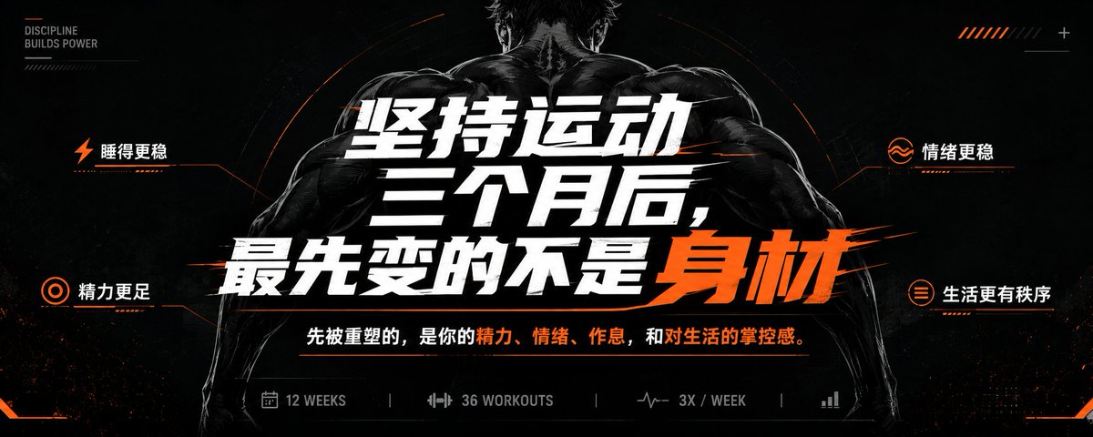 请根据用户最后输入的任何推荐对象,生成一张高质感推荐卡片或海报。对象可以是 App、软件、网站、GitHub 项目、一本书、一篇文章、一句话、一段文案、一道人物观点、一套菜、一份食谱、一个品牌、一个工具、一个方法,或任何值得介绍给别人的东西。
你要做的不是把用户给的信息简单排版,而是先理解它为什么值得被看见。若它属于现实存在的对象,请主动联网调查它的背景、来源、真实特点、核心价值、口碑、适用人群与边界;若它是用户提供的原创内容、观点或文案,请进行理解、提炼、重组与升华,让它变得更有营养、更有判断力、更适合被传播。
整体以苹果式克制、顶级海报设计判断力、高桥流凝练表达完成。不要罗列资料,不要写成说明书,不要堆满小字。重点是把复杂信息转化为一个清晰、有力、耐看的推荐理由,让普通人在手机上 3 秒内看懂:这是什么,为什么值得关注,适合谁,它真正打动人的地方在哪里。
画面必须优先保证手机端可读性。信息要少而准,文字要大而清楚,层级要干净,留白要有呼吸感。最终内容应自然收束为一个强主标题、一句点明价值的副标题、少量核心看点,以及若隐若现的证据、场景、评价或情绪余韵。不要把结构写死,也不要套模板。版式、图形、颜色、节奏、文字出现方式,都应从推荐对象本身的气质中自然生长。
如果对象有图标、封面、截图、菜品形态、项目视觉、品牌色或文本气质,请提取它的视觉 DNA 并延展成统一画面。若用户提供推荐语或评价,请吸收其中真实的判断与语气,不要生硬引用,而要让它成为画面里可信、温暖、有分量的一部分。
最终生成的卡片应高级、清晰、抓人、可信,有一种被认真筛选、认真理解、认真推荐过的感觉。它不是信息搬运,而是一次有审美、有判断、有升华的内容再创作。
比例5:2
运动健身能量海报美学+力量视觉风+居中冲击标题+训练数据小字点缀+硬朗极简+粗体动感字体+肌肉线条插画+融入自律叙事+荧光橙强调色+适合健身运动类文字艺术化排版
标题:坚持运动三个月后,最先变的不是身材