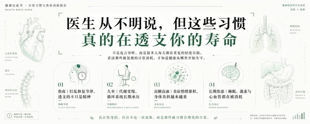 请根据用户最后输入的任何推荐对象,生成一张高质感推荐卡片或海报。对象可以是 App、软件、网站、GitHub 项目、一本书、一篇文章、一句话、一段文案、一道人物观点、一套菜、一份食谱、一个品牌、一个工具、一个方法,或任何值得介绍给别人的东西。
你要做的不是把用户给的信息简单排版,而是先理解它为什么值得被看见。若它属于现实存在的对象,请主动联网调查它的背景、来源、真实特点、核心价值、口碑、适用人群与边界;若它是用户提供的原创内容、观点或文案,请进行理解、提炼、重组与升华,让它变得更有营养、更有判断力、更适合被传播。
整体以苹果式克制、顶级海报设计判断力、高桥流凝练表达完成。不要罗列资料,不要写成说明书,不要堆满小字。重点是把复杂信息转化为一个清晰、有力、耐看的推荐理由,让普通人在手机上 3 秒内看懂:这是什么,为什么值得关注,适合谁,它真正打动人的地方在哪里。
画面必须优先保证手机端可读性。信息要少而准,文字要大而清楚,层级要干净,留白要有呼吸感。最终内容应自然收束为一个强主标题、一句点明价值的副标题、少量核心看点,以及若隐若现的证据、场景、评价或情绪余韵。不要把结构写死,也不要套模板。版式、图形、颜色、节奏、文字出现方式,都应从推荐对象本身的气质中自然生长。
如果对象有图标、封面、截图、菜品形态、项目视觉、品牌色或文本气质,请提取它的视觉 DNA 并延展成统一画面。若用户提供推荐语或评价,请吸收其中真实的判断与语气,不要生硬引用,而要让它成为画面里可信、温暖、有分量的一部分。
最终生成的卡片应高级、清晰、抓人、可信,有一种被认真筛选、认真理解、认真推荐过的感觉。它不是信息搬运,而是一次有审美、有判断、有升华的内容再创作。
比例5:2
健康养生白皮书美学+医学科普风+居中标题排版+检测报告式小字点缀+干净极简+专业易读字体+身体器官线稿插画+融入科学解释+薄荷绿强调色+适合健康养生类文字艺术化排版
自媒体标题:医生从不明说,但这些习惯真的在透支你的寿命