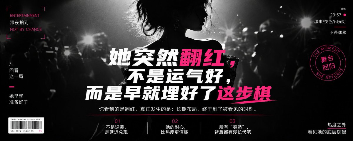 请根据用户最后输入的任何推荐对象,生成一张高质感推荐卡片或海报。对象可以是 App、软件、网站、GitHub 项目、一本书、一篇文章、一句话、一段文案、一道人物观点、一套菜、一份食谱、一个品牌、一个工具、一个方法,或任何值得介绍给别人的东西。
你要做的不是把用户给的信息简单排版,而是先理解它为什么值得被看见。若它属于现实存在的对象,请主动联网调查它的背景、来源、真实特点、核心价值、口碑、适用人群与边界;若它是用户提供的原创内容、观点或文案,请进行理解、提炼、重组与升华,让它变得更有营养、更有判断力、更适合被传播。
整体以苹果式克制、顶级海报设计判断力、高桥流凝练表达完成。不要罗列资料,不要写成说明书,不要堆满小字。重点是把复杂信息转化为一个清晰、有力、耐看的推荐理由,让普通人在手机上 3 秒内看懂:这是什么,为什么值得关注,适合谁,它真正打动人的地方在哪里。
画面必须优先保证手机端可读性。信息要少而准,文字要大而清楚,层级要干净,留白要有呼吸感。最终内容应自然收束为一个强主标题、一句点明价值的副标题、少量核心看点,以及若隐若现的证据、场景、评价或情绪余韵。不要把结构写死,也不要套模板。版式、图形、颜色、节奏、文字出现方式,都应从推荐对象本身的气质中自然生长。
如果对象有图标、封面、截图、菜品形态、项目视觉、品牌色或文本气质,请提取它的视觉 DNA 并延展成统一画面。若用户提供推荐语或评价,请吸收其中真实的判断与语气,不要生硬引用,而要让它成为画面里可信、温暖、有分量的一部分。
最终生成的卡片应高级、清晰、抓人、可信,有一种被认真筛选、认真理解、认真推荐过的感觉。它不是信息搬运,而是一次有审美、有判断、有升华的内容再创作。
比例5:2
娱乐八卦杂志美学+爆款封面风+居中大标题+狗仔式小字点缀+高对比极简+醒目粗体字体+闪光灯人物剪影插画+融入戏剧张力+玫红强调色+适合娱乐热点类文字艺术化排版
标题:她突然翻红,不是运气好,而是早就埋好了这步棋