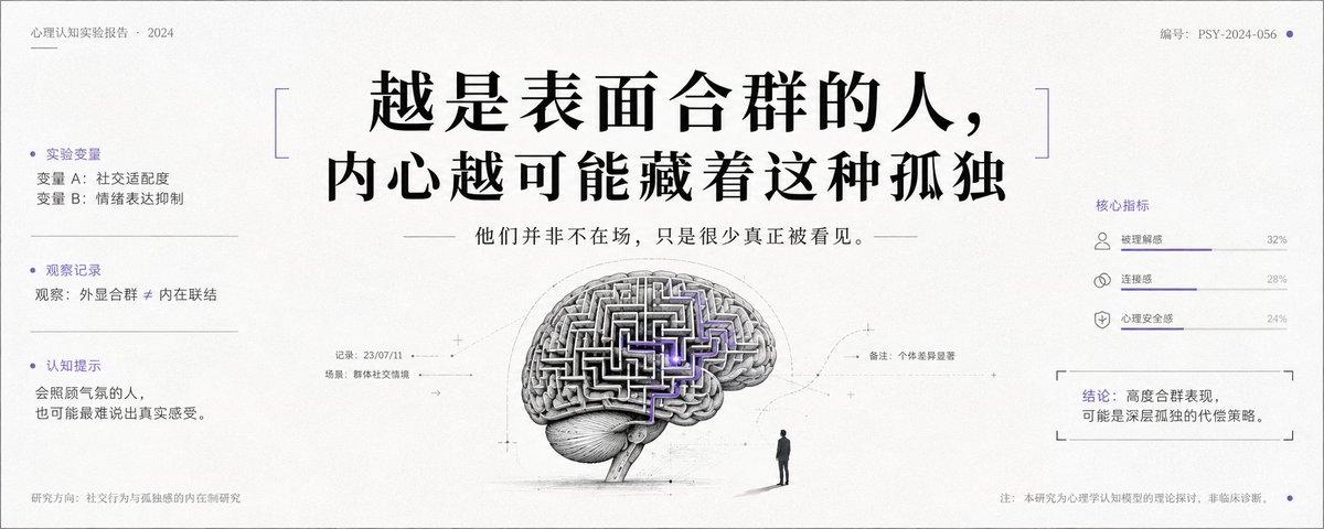 请根据用户最后输入的任何推荐对象,生成一张高质感推荐卡片或海报。对象可以是 App、软件、网站、GitHub 项目、一本书、一篇文章、一句话、一段文案、一道人物观点、一套菜、一份食谱、一个品牌、一个工具、一个方法,或任何值得介绍给别人的东西。
你要做的不是把用户给的信息简单排版,而是先理解它为什么值得被看见。若它属于现实存在的对象,请主动联网调查它的背景、来源、真实特点、核心价值、口碑、适用人群与边界;若它是用户提供的原创内容、观点或文案,请进行理解、提炼、重组与升华,让它变得更有营养、更有判断力、更适合被传播。
整体以苹果式克制、顶级海报设计判断力、高桥流凝练表达完成。不要罗列资料,不要写成说明书,不要堆满小字。重点是把复杂信息转化为一个清晰、有力、耐看的推荐理由,让普通人在手机上 3 秒内看懂:这是什么,为什么值得关注,适合谁,它真正打动人的地方在哪里。
画面必须优先保证手机端可读性。信息要少而准,文字要大而清楚,层级要干净,留白要有呼吸感。最终内容应自然收束为一个强主标题、一句点明价值的副标题、少量核心看点,以及若隐若现的证据、场景、评价或情绪余韵。不要把结构写死,也不要套模板。版式、图形、颜色、节奏、文字出现方式,都应从推荐对象本身的气质中自然生长。
如果对象有图标、封面、截图、菜品形态、项目视觉、品牌色或文本气质,请提取它的视觉 DNA 并延展成统一画面。若用户提供推荐语或评价,请吸收其中真实的判断与语气,不要生硬引用,而要让它成为画面里可信、温暖、有分量的一部分。
最终生成的卡片应高级、清晰、抓人、可信,有一种被认真筛选、认真理解、认真推荐过的感觉。它不是信息搬运,而是一次有审美、有判断、有升华的内容再创作。
比例5:2
心理学实验报告美学+理性分析风+居中结论式标题+实验变量小字点缀+克制极简+学术感字体+人脑迷宫插画+融入心理暗示表达+紫色强调色+适合心理认知类文字艺术化排版+大字体很清楚
标题:越是表面合群的人,内心越可能藏着这种孤独