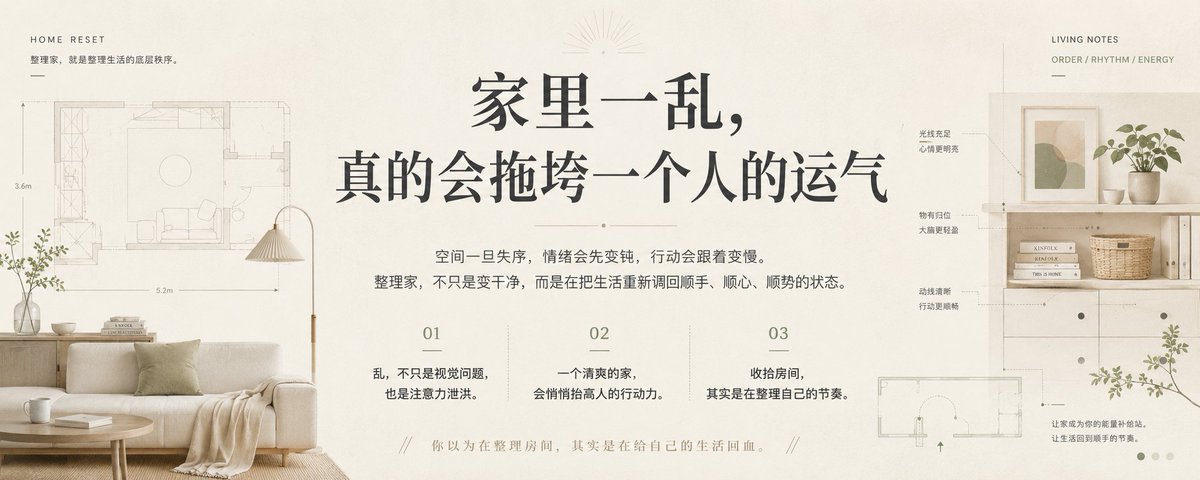请根据用户最后输入的任何推荐对象,生成一张高质感推荐卡片或海报。对象可以是 App、软件、网站、GitHub 项目、一本书、一篇文章、一句话、一段文案、一道人物观点、一套菜、一份食谱、一个品牌、一个工具、一个方法,或任何值得介绍给别人的东西。
你要做的不是把用户给的信息简单排版,而是先理解它为什么值得被看见。若它属于现实存在的对象,请主动联网调查它的背景、来源、真实特点、核心价值、口碑、适用人群与边界;若它是用户提供的原创内容、观点或文案,请进行理解、提炼、重组与升华,让它变得更有营养、更有判断力、更适合被传播。
整体以苹果式克制、顶级海报设计判断力、高桥流凝练表达完成。不要罗列资料,不要写成说明书,不要堆满小字。重点是把复杂信息转化为一个清晰、有力、耐看的推荐理由,让普通人在手机上 3 秒内看懂:这是什么,为什么值得关注,适合谁,它真正打动人的地方在哪里。
画面必须优先保证手机端可读性。信息要少而准,文字要大而清楚,层级要干净,留白要有呼吸感。最终内容应自然收束为一个强主标题、一句点明价值的副标题、少量核心看点,以及若隐若现的证据、场景、评价或情绪余韵。不要把结构写死,也不要套模板。版式、图形、颜色、节奏、文字出现方式,都应从推荐对象本身的气质中自然生长。
如果对象有图标、封面、截图、菜品形态、项目视觉、品牌色或文本气质,请提取它的视觉 DNA 并延展成统一画面。若用户提供推荐语或评价,请吸收其中真实的判断与语气,不要生硬引用,而要让它成为画面里可信、温暖、有分量的一部分。
最终生成的卡片应高级、清晰、抓人、可信,有一种被认真筛选、认真理解、认真推荐过的感觉。它不是信息搬运,而是一次有审美、有判断、有升华的内容再创作。
比例5:2
家居改造目录美学+生活方式杂志风+居中排版+尺寸标注小字点缀+清透极简+温和现代字体+空间结构插画+融入家的氛围感+米白强调色+适合家居生活类文字艺术化表达
标题:家里一乱,真的会拖垮一个人的运气