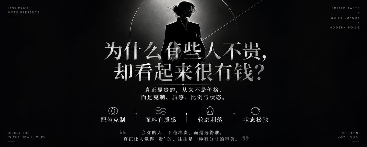 请根据用户最后输入的任何推荐对象,生成一张高质感推荐卡片或海报。对象可以是 App、软件、网站、GitHub 项目、一本书、一篇文章、一句话、一段文案、一道人物观点、一套菜、一份食谱、一个品牌、一个工具、一个方法,或任何值得介绍给别人的东西。
你要做的不是把用户给的信息简单排版,而是先理解它为什么值得被看见。若它属于现实存在的对象,请主动联网调查它的背景、来源、真实特点、核心价值、口碑、适用人群与边界;若它是用户提供的原创内容、观点或文案,请进行理解、提炼、重组与升华,让它变得更有营养、更有判断力、更适合被传播。
整体以苹果式克制、顶级海报设计判断力、高桥流凝练表达完成。不要罗列资料,不要写成说明书,不要堆满小字。重点是把复杂信息转化为一个清晰、有力、耐看的推荐理由,让普通人在手机上 3 秒内看懂:这是什么,为什么值得关注,适合谁,它真正打动人的地方在哪里。
画面必须优先保证手机端可读性。信息要少而准,文字要大而清楚,层级要干净,留白要有呼吸感。最终内容应自然收束为一个强主标题、一句点明价值的副标题、少量核心看点,以及若隐若现的证据、场景、评价或情绪余韵。不要把结构写死,也不要套模板。版式、图形、颜色、节奏、文字出现方式,都应从推荐对象本身的气质中自然生长。
如果对象有图标、封面、截图、菜品形态、项目视觉、品牌色或文本气质,请提取它的视觉 DNA 并延展成统一画面。若用户提供推荐语或评价,请吸收其中真实的判断与语气,不要生硬引用,而要让它成为画面里可信、温暖、有分量的一部分。
最终生成的卡片应高级、清晰、抓人、可信,有一种被认真筛选、认真理解、认真推荐过的感觉。它不是信息搬运,而是一次有审美、有判断、有升华的内容再创作。
比例5:2
高级时尚大片美学+奢侈品广告风+居中排版+品牌标语式小字点缀+冷艳极简+高级衬线字体+人物剪影插画+融入先锋艺术表达+黑银强调色+适合穿搭审美类文字艺术化排版
标题:为什么有些人不贵,却看起来很有钱?