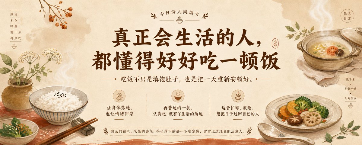 请根据用户最后输入的任何推荐对象,生成一张高质感推荐卡片或海报。对象可以是 App、软件、网站、GitHub 项目、一本书、一篇文章、一句话、一段文案、一道人物观点、一套菜、一份食谱、一个品牌、一个工具、一个方法,或任何值得介绍给别人的东西。
你要做的不是把用户给的信息简单排版,而是先理解它为什么值得被看见。若它属于现实存在的对象,请主动联网调查它的背景、来源、真实特点、核心价值、口碑、适用人群与边界;若它是用户提供的原创内容、观点或文案,请进行理解、提炼、重组与升华,让它变得更有营养、更有判断力、更适合被传播。
整体以苹果式克制、顶级海报设计判断力、高桥流凝练表达完成。不要罗列资料,不要写成说明书,不要堆满小字。重点是把复杂信息转化为一个清晰、有力、耐看的推荐理由,让普通人在手机上 3 秒内看懂:这是什么,为什么值得关注,适合谁,它真正打动人的地方在哪里。
画面必须优先保证手机端可读性。信息要少而准,文字要大而清楚,层级要干净,留白要有呼吸感。最终内容应自然收束为一个强主标题、一句点明价值的副标题、少量核心看点,以及若隐若现的证据、场景、评价或情绪余韵。不要把结构写死,也不要套模板。版式、图形、颜色、节奏、文字出现方式,都应从推荐对象本身的气质中自然生长。
如果对象有图标、封面、截图、菜品形态、项目视觉、品牌色或文本气质,请提取它的视觉 DNA 并延展成统一画面。若用户提供推荐语或评价,请吸收其中真实的判断与语气,不要生硬引用,而要让它成为画面里可信、温暖、有分量的一部分。
最终生成的卡片应高级、清晰、抓人、可信,有一种被认真筛选、认真理解、认真推荐过的感觉。它不是信息搬运,而是一次有审美、有判断、有升华的内容再创作。
比例5:2
美食生活杂志美学+烟火气艺术+居中排版+菜单式小字点缀+温暖极简+复古圆润字体+食材餐盘插画+融入味觉记忆表达+焦糖棕强调色+适合美食生活类文字艺术化排版
标题:真正会生活的人,都懂得好好吃一顿饭