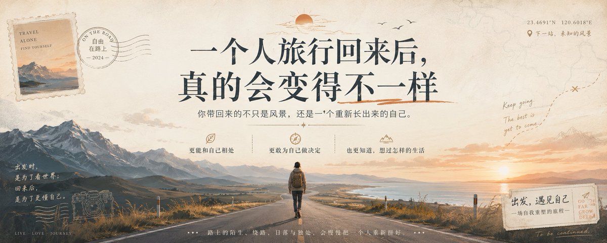 请根据用户最后输入的任何推荐对象,生成一张高质感推荐卡片或海报。对象可以是 App、软件、网站、GitHub 项目、一本书、一篇文章、一句话、一段文案、一道人物观点、一套菜、一份食谱、一个品牌、一个工具、一个方法,或任何值得介绍给别人的东西。
你要做的不是把用户给的信息简单排版,而是先理解它为什么值得被看见。若它属于现实存在的对象,请主动联网调查它的背景、来源、真实特点、核心价值、口碑、适用人群与边界;若它是用户提供的原创内容、观点或文案,请进行理解、提炼、重组与升华,让它变得更有营养、更有判断力、更适合被传播。
整体以苹果式克制、顶级海报设计判断力、高桥流凝练表达完成。不要罗列资料,不要写成说明书,不要堆满小字。重点是把复杂信息转化为一个清晰、有力、耐看的推荐理由,让普通人在手机上 3 秒内看懂:这是什么,为什么值得关注,适合谁,它真正打动人的地方在哪里。
画面必须优先保证手机端可读性。信息要少而准,文字要大而清楚,层级要干净,留白要有呼吸感。最终内容应自然收束为一个强主标题、一句点明价值的副标题、少量核心看点,以及若隐若现的证据、场景、评价或情绪余韵。不要把结构写死,也不要套模板。版式、图形、颜色、节奏、文字出现方式,都应从推荐对象本身的气质中自然生长。
如果对象有图标、封面、截图、菜品形态、项目视觉、品牌色或文本气质,请提取它的视觉 DNA 并延展成统一画面。若用户提供推荐语或评价,请吸收其中真实的判断与语气,不要生硬引用,而要让它成为画面里可信、温暖、有分量的一部分。
最终生成的卡片应高级、清晰、抓人、可信,有一种被认真筛选、认真理解、认真推荐过的感觉。它不是信息搬运,而是一次有审美、有判断、有升华的内容再创作。
比例5:2
旅行电影海报美学+公路片艺术感+居中排版+明信片式小字点缀+诗意极简+手写旅行字体+地图风景插画+融入远方叙事+落日橘强调色+适合旅行生活类文字艺术化表达
自媒体封面标题:一个人旅行回来后,真的会变得不一样