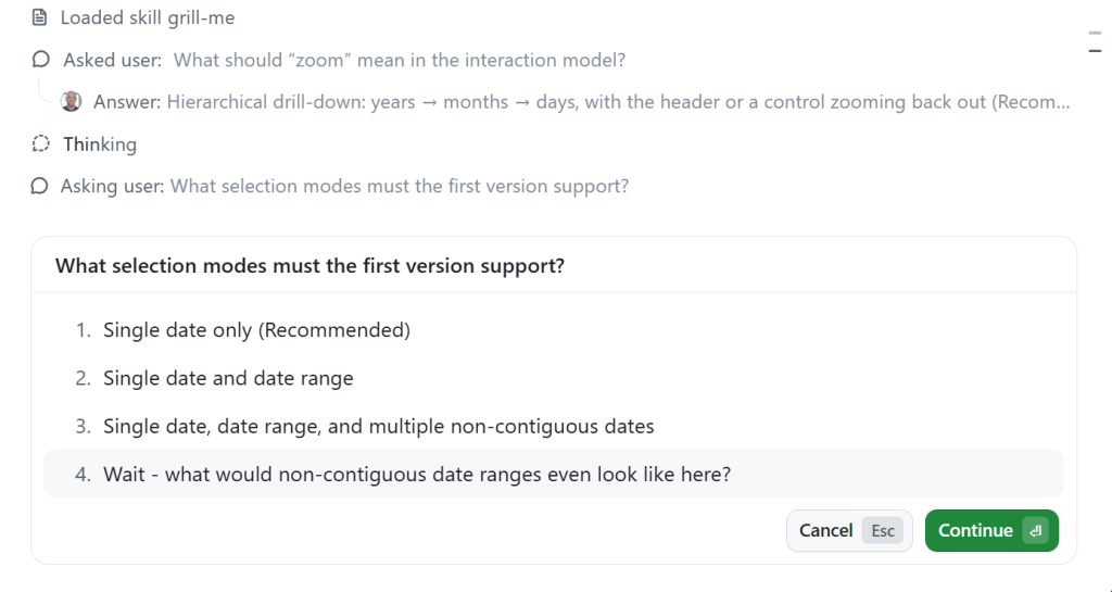 GitHub Copilot plan mode asking clarifying questions about a date picker.